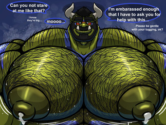 beard big_breasts big_muscles big_nipples big_pecs blush bodily_fluids body_hair breasts chest_hair ear_piercing eyewear facial_hair flustered glasses hairy horn huge_breasts huge_nipples huge_pecs hyper hyper_nipples jiggling lactating looking_away male male_lactation muscular musk nipples pecs piercing solo speech_bubble talking_to_viewer tattoo text nethgoorat neth_rusiki_azhti humanoid orc 4:3 english_text hi_res