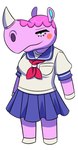 anthro ascot asian_clothing biped clothed clothing east_asian_clothing female fully_clothed hooves horn japanese_clothing japanese_school_uniform looking_at_viewer pink_body school_uniform serafuku simple_background smile solo unguligrade uniform white_background angelicmissmarie animal_crossing nintendo renee_(animal_crossing) mammal rhinoceros 2020 digital_drawing_(artwork) digital_media_(artwork) full-length_portrait portrait