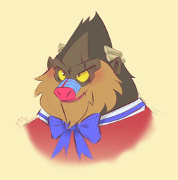 anthro blue_nose bow_(feature) brown_body brown_fur facial_scar fur grey_body grey_fur male multicolored_body multicolored_fur pink_nose scar simple_background smile solo two_tone_body two_tone_fur yellow_sclera medilanie dreamworks kipo_and_the_age_of_wonderbeasts netflix scarlemagne haplorhine mammal mandrill monkey old_world_monkey primate 2021 hi_res signature