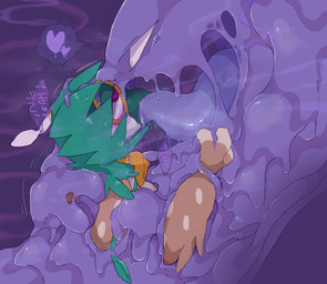absorption_vore ambiguous_gender anthro deep_kiss duo extreme_french_kiss french_kissing goo-connected_lips heart_symbol hypnosis kissing mind_control purple_body simple_background slime text vore winte nintendo pokemon avian bird decidueye generation_1_pokemon generation_7_pokemon goo_creature muk owl pokemon_(species) 2020 absurd_res hi_res japanese_text