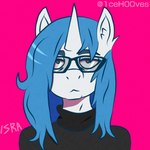 anthro black_clothing blue_hair brown_eyes clothing eye_contact eyewear fluffy_ears glasses hair long_hair looking_at_another looking_at_viewer magenta_background male simple_background simple_coloring solo white_body 1ce_h00ves 1ce_h00ves_(character) equid mammal 1:1 flat_colors hi_res icon shaded simple_shading