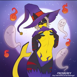 anthro black_body blonde_hair blue_eyes blue_nipples breasts clothed clothing crossgender female hair hat headgear headwear holidays legwear magic_user nipples panties red_body smooth_skin solo stockings stripes thigh_highs underwear witch witch_hat yellow_body fredberey halloween nick_(slimyiffy) aquatic fish ghost scalie shark spirit