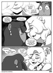 anthro blush blush_lines clothed clothing comic cricetid dialogue duo ear_piercing english_text felid female hair hair_over_eye hamster hi_res lion mammal monochrome nimzy noms_(nimzy) one_eye_obstructed pantherine piercing rodent text toiya_crimson url