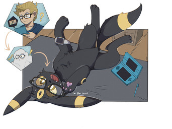 black_body black_fur blonde_hair bodily_fluids clock eyewear feral fur glasses hair inside loss_of_dexterity loss_of_speech male open_mouth pokemon_speak pokemon_transformation poof_transformation sharp_teeth smartwatch solo sweat sweatdrop teeth transformation watch wearing_glasses yellow_eyes oshoku_momiji nintendo nintendo_ds nintendo_ds_family pokemon eeveelution generation_2_pokemon human mammal pokemon_(species) umbreon hi_res