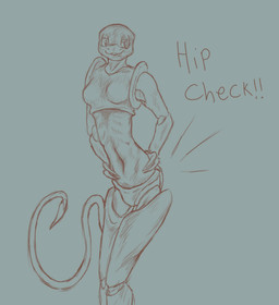 anthro bite biting_lip breasts carapace fangs female hands_on_hips hip_check knock-kneed long_tail looking_aside navel non-mammal_breasts non-mammal_navel slim small_breasts smile solo tail teeth text axentooth larry_(axentooth) scalie sclantra english_text sketch