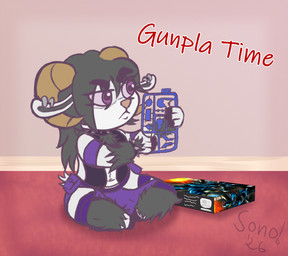 chibi floor hair hooves horn long_hair male model_kit plamo rug sitting sitting_on_ground solo sonomatic gundam sono_(sonomatic) bovid caprine mammal sheep hi_res