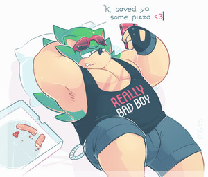 anthro bottomwear box clothed clothing container electronics eyewear fingerless_gloves fur gloves green_body green_fur half-closed_eyes hand_behind_head handwear heart_symbol lying male muscular muscular_anthro muscular_male narrowed_eyes overweight overweight_anthro overweight_male phone pillow pizza_box pizza_crust scar shirt shorts solo stocky sunglasses tan_body tan_fur tank_top text texting topwear greenendorf archie_comics sega sonic_the_hedgehog_(archie) sonic_the_hedgehog_(comics) sonic_the_hedgehog_(series) scourge_the_hedgehog eulipotyphlan hedgehog mammal 2015 english_text