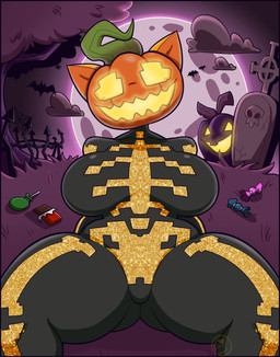 anthro big_breasts black_bodysuit black_clothing black_skinsuit bodysuit breasts butt butt_from_the_front candy cemetery clothing dessert female food for_a_head front_view jack-o'-lantern looking_at_viewer moon night open_mouth open_smile skeleton_costume skinsuit smile solo spread_legs spreading thick_thighs tight_clothing wide_hips miobadders epic_games fortnite spice_(fortnite) domestic_cat felid feline felis mammal object_head absurd_res hi_res