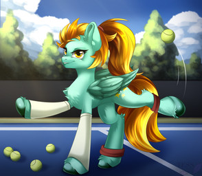 ball blonde_hair chest_tuft clothing female feral fetlocks hair leg_warmers legwear outside smile solo sport tan_body tennis tennis_ball tennis_court tuft wings yellow_eyes polinatess friendship_is_magic hasbro my_little_pony mythology lightning_dust_(mlp) equid equine mammal mythological_creature mythological_equine pegasus 2024 hi_res