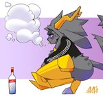 alcohol anthro antlers armor beverage blue_eyes cigarette clothing coat eye_bags female fur grey_body grey_fur horn jagged_tail jewelry leg_tuft leggings legwear smoking smoking_cigarette solo thigh_tuft topwear tuft wvrmwood pseudoregalia sybil_(pseudoregalia) bovid caprine felid feline goat hybrid lagomorph leporid mammal rabbit hi_res