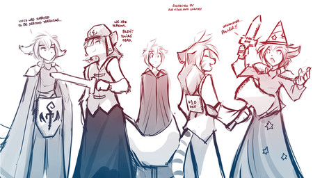 ambiguous_gender annoyed anthro armor axe cape clothing dialogue eyes_closed female fur group hat headgear headwear helmet male melee_weapon pauldron robe shield simple_background smile striped_body striped_fur stripes sword text weapon white_background conditional_dnp tom_fischbach twokinds flora_(twokinds) keith_keiser madelyn_adelaide natani trace_legacy basitin canid canine canis felid human keidran mammal pantherine tiger wolf 2017 adobe_photoshop_(artwork) digital_media_(artwork) english_text monochrome sketch