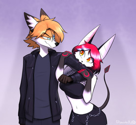 annoyed anthro bite blood blue_eyes bodily_fluids bottomwear chain_accessory clothing confusion crop_top duo fangs female female_anthro fur hair jacket leather leather_clothing leather_jacket leather_topwear looking_at_another male male_anthro nom orange_body orange_fur orange_hair red_hair shirt shorts standing teeth topwear white_body yellow_eyes litsi bat canid canine fox mammal red_fox true_fox 2024 hi_res