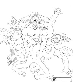 4_eyes abs anthro bandage bandaged_arm big_claws bodily_fluids breath claws cum cum_in_ass cum_inside doggystyle ejaculation foursome from_behind_position gameplay_mechanics genital_fluids gesture group group_sex hand_gesture heart_symbol horn long_tongue looking_at_another looking_at_viewer male male/male mouth_shot multi_eye muscular muscular_male nipples notched_wings open_mouth panting pecs penetration roaring sex smile smiling_at_viewer thumbs_up tongue triple_penetration wide-open_mouth wings inugami_beast bandai_namco digimon coredramon devidramon digimon_(species) mammal manticoremon mustelid otter absurd_res hi_res