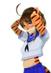 anthro blue_eyes brown_hair clothed clothing female hair looking_at_viewer simple_background solo text white_background synnfultiger synn_(synnfultiger) felid mammal pantherine tiger absurd_res artist_name hi_res