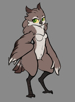 anthro beak belly breasts brown_body brown_feathers brown_hair casual_nudity digitigrade feathered_tail feathered_wings feathers feet female genitals green_eyes hair markings neck_tuft nude nude_anthro nude_female small_breasts solo tail tail_feathers talons toes tuft vulva white_belly white_body white_feathers white_markings wings yellow_sclera botanics leslie_(botanics) avian bird owl hi_res