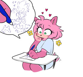anthro blush blush_lines boop female floating_heart flower fur gown green_eyes hand_holding heart_symbol nose_boop pawpads pen pink_body pink_fur plant smitten solo tail tail_motion tailwag young quavernsfw sega sonic_the_hedgehog_(series) amy_rose sonic_the_hedgehog eulipotyphlan hedgehog mammal absurd_res hi_res