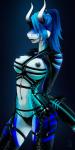 anthro black_body black_eyes black_nipples black_skin blue_hair breasts female glowing hair harness hexagon multicolored_body multicolored_skin nipples non-mammal_breasts non-mammal_nipples solo white_body white_skin pistachiohorror nightsharky fish marine shark digital_media_(artwork) hi_res portrait three-quarter_portrait