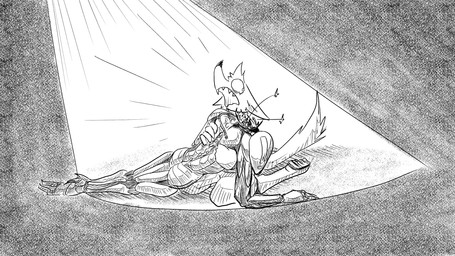 ambiguous_gender anthro bodily_fluids crying dramatic_lighting duo holding_another kneeling machine male metal metallic_body neck_injury sharp_teeth sparks spotlight spotlight_beam tears teeth yelling dragonweirdo kerlogg_(dragonweirdo) kimera_(dragonweirdo) canid canine canis humanoid mammal robot robot_humanoid wolf 16:9 hi_res monochrome widescreen