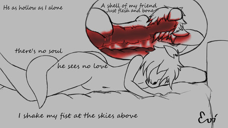 anthro bed blood bodily_fluids depression femboy furniture gore hair lying male messy_hair mirror nude pillow reflection solo text vent_art flutra evirix canid canine fox mammal 16:9 english_text hi_res sketch widescreen