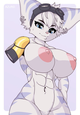 abs amputee anthro areola big_areola big_breasts big_nipples bodily_fluids breasts cybernetic_arm cybernetic_limb disability ear_piercing ear_ring eyewear eyewear_on_head female fur goggles goggles_on_head hair head_tuft huge_areola huge_breasts huge_nipples looking_at_viewer missing_arm muscular muscular_anthro muscular_female nipples nude piercing prosthetic prosthetic_limb puffy_areola puffy_nipples ring_piercing solo sweat tuft azurei ratchet_and_clank sony_corporation sony_interactive_entertainment rivet_(ratchet_and_clank) lombax mammal 2020 hi_res