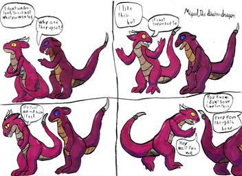 after_transformation ambiguous_gender anthro dialogue duo four_frame_image horn marker simple_background species_transformation tail text transformation miguel_the_divine_dragon kobold reptile scalie 4koma absurd_res comic english_text hi_res traditional_media_(artwork)