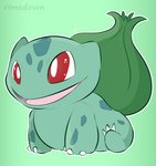 claws feral green_background green_body green_markings markings open_mouth open_smile plant red_eyes simple_background sitting smile solo spots rimedown nintendo pokemon bulbasaur elemental_creature flora_fauna generation_1_pokemon pokemon_(species)