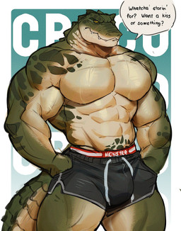 abs anthro barazoku biceps big_muscles big_pecs black_bottomwear black_clothing black_shorts bottomwear bulge clothed clothing countershade_arms countershade_face countershade_legs countershade_neck countershade_scales countershade_tail countershade_torso countershading dialogue drawstring_shorts facial_scar front_view green_body green_scales grey_bottomwear grey_clothing grey_shorts hand_in_pocket looking_at_viewer male mouth_closed muscular muscular_anthro muscular_male overbite pecs pockets pupils red_clothing red_underwear scales scar sharp_teeth shorts shorts_only solo tail talking_to_viewer tan_body tan_countershading tan_scales teeth text text_on_clothing text_on_underwear thick_neck thick_tail topless topless_anthro topless_male underwear underwear_showing white_clothing white_underwear yellow_eyes o_reowoof reolixious crocodile crocodilian reptile scalie 2026 absurd_res digital_drawing_(artwork) digital_media_(artwork) english_text hi_res portrait three-quarter_portrait
