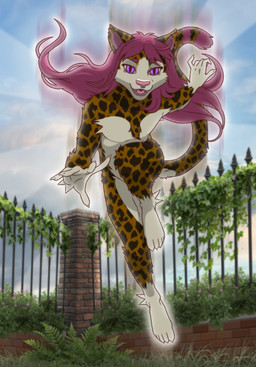 5_fingers 5_toes action_pose ambiguous_gender backlighting feet fence fingers fur hair jumping light male markings motion_blur pink_hair pose purple_eyes raised_tail reaching_towards_viewer solo spots spotted_body spotted_fur tail toes strawberrycat24 strawberry_(strawberrycat24) felid feline mammal hi_res lighting