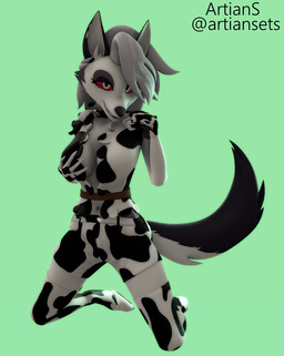 animal_print anthro barefoot bottomwear breasts choker clothed clothing collar cow_print feet female finger_fetish finger_in_mouth finger_play fingerless_gloves fingers fur gloves green_background hair hand_on_breast handwear jewelry legwear looking_at_viewer multicolored_body multicolored_fur navel necklace notched_ear open_clothing open_topwear pawpads red_sclera shorts simple_background solo spiked_collar spikes stockings topwear white_body white_eyes white_fur white_hair artians aeridiccore_(modeler) hellaverse helluva_boss mythology loona_(helluva_boss) canid canid_demon canine demon hellhound mammal mythological_canine mythological_creature 3d_(artwork) digital_media_(artwork) hi_res source_filmmaker_(artwork)