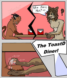 3_toes 4_fingers anthro billboard bodily_fluids chat_box close-up cum cum_on_feet dialogue diner duo ejaculation erection exhibitionism eyes_closed feet female fingers foot_fetish foot_play footjob furniture genital_fluids genitals knot knotted_penis looking_down male male/female nude nude_anthro nude_female nude_male onomatopoeia penile penis poker_(toastd) public questioning restaurant sex sound_effects table text toes toastd hexa_(toastd) caracal caracal_(genus) felid feline humanoid hyena mammal comic english_text hi_res