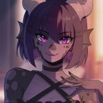 anthro claws fangs female hair horn looking_at_viewer purple_eyes purple_hair scalie_ears smile solo teeth tongue anhmaru mythology yubi_clearsky dragon mythological_creature mythological_scalie scalie 1:1