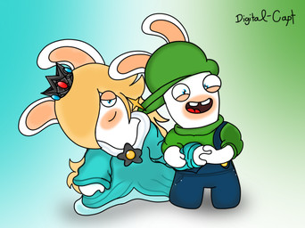 anthro bent_arm blonde_hair blue_clothing blue_dress blue_eyes blue_overalls buckteeth button_(fastener) closed_smile clothed clothed_anthro clothed_female clothed_male clothing crown dress duo featureless_legs female female_anthro fully_clothed fully_clothed_anthro fully_clothed_male fur gem green_clothing green_hat green_headwear green_shirt green_topwear hair hair_over_eye half-closed_eyes hand_holding hat headgear headwear leaning light long_ears long_hair looking_at_viewer male male_anthro mitten_hands mouth_closed narrowed_eyes noseless open_mouth open_smile overalls pockets red_tongue ruby_(gem) sapphire_(gem) shirt sideways_hat simple_background smile smiling_at_viewer sparkles sparkling_eyes standing star_ear_piercing tan_eyelids tan_inner_ear teeth text tongue topwear white_body white_fur crazydigitalcapt mario_bros mario_plus_rabbids_kingdom_battle mario_plus_rabbids_sparks_of_hope nintendo raving_rabbids rayman_(series) ubisoft rabbid_luigi rabbid_rosalina lagomorph mammal rabbid 2023 artist_name colored crossover digital_drawing_(artwork) digital_media_(artwork) english_description hi_res lighting redraw shaded