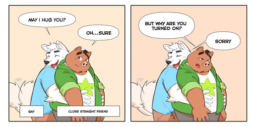 anthro black_nose brown_body dialogue duo fur hug hugging_another hugging_from_behind male overweight overweight_male tail tail_motion tailwag text white_body white_fur pandarita canid canine canis domestic_dog mammal suid suine sus_(pig) wild_boar 2024 2:1 absurd_res comic english_text hi_res