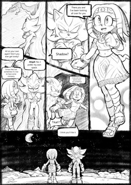 accessory against_natural_surface against_surface against_tree anthro biped bottomwear clothed clothed_female clothing crop_top dialogue dreadlocks duo eyes_closed female footwear gloves handwear headband leaning leaning_backward male midriff moon mostly_nude_male navel night open_mouth plant sandals shirt shoes short_tail skirt sky speech_bubble star starry_sky tail teeth text tongue topwear tree soina sega sonic_adventure sonic_the_hedgehog_(series) shadow_the_hedgehog tikal_the_echidna echidna eulipotyphlan hedgehog mammal monotreme 2025 absurd_res comic english_text hi_res monochrome