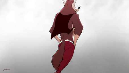 anthro athletic athletic_anthro athletic_male biped black_clothing black_eyes black_topwear black_vest bodily_fluids bottomwear brown_body brown_fur bubble_butt butt cellphone chest_tuft claws clothed clothed_anthro clothed_male clothing covering covering_mouth dancing electronics eyes_closed finger_claws fingers front_view fur hand_in_pocket holding_cellphone holding_object holding_phone holding_smartphone humanoid_hands male music navel open_clothing open_topwear open_vest pants phone plant pockets pose raised_arms rear_view red_bottomwear red_clothing red_pants shaking_butt sharp_teeth shrub simple_background smartphone smile solo surprised sweat sweatdrop tail teeth text topwear tuft vest walking walking_towards_viewer white_background wide_eyed yellow_sclera piti_yindee billy_buns hank_howell_(piti_yindee) canid canine canis lagomorph leporid mammal rabbit wolf 2026 absurd_res animated colored hi_res shaded short_playtime url video