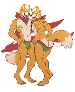 anthro anus briefs bulge butt claws clothing fur green_eyes jockstrap male nipples open_mouth orange_body orange_fur pecs presenting presenting_hindquarters scarf simple_background smile underwear white_background artejaxton nintendo star_fox fox_mccloud canid canine fox mammal absurd_res hi_res