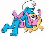 clothing duo female from_front_position hat headgear headwear humanoid_on_humanoid interspecies leg_wrap lying male male/female missionary_position not_furry nude on_back phrygian_cap sex smile tail caluriri hanna-barbera the_smurfs the_snorks humanoid marine smurf snork