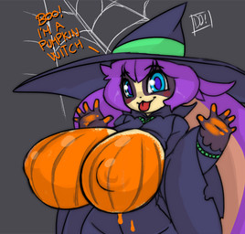 anthro big_breasts big_ears big_hat black_nose blue_clothing blue_dress blue_eyes blue_hat blue_headwear blush breasts clothing dialogue dress exposed_breasts female floppy_ears front_view fur grey_background grey_body grey_fur hair hat headgear headwear holidays huge_breasts huge_ears looking_at_viewer lop_ears nipple_outline paint_on_breasts purple_hair simple_background solo talking_to_viewer tan_body tan_fur text tongue tongue_out wide_hips witch_costume witch_hat do!_games bunny_hunter_(do!_games) halloween sunny_(bunny_hunter) lagomorph leporid mammal rabbit