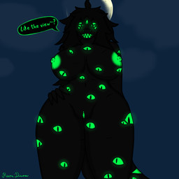 anthro big_breasts black_body black_hair black_skin breast_squish breasts dialogue exposed_breasts female genitals glowing glowing_eyes green_eyes green_nipples green_teeth green_vulva hair hand_on_hip hypnotic_eyes inviting long_hair looking_at_viewer looking_down looking_down_at_viewer markings mature_female moon multi_eye nipples seductive shark_tail shark_teeth solo squish standing talking_to_viewer teeth thick_thighs vulva reena_dreamer lurana_(reena_dreamer) aquatic fish monster shark 1:1 absurd_res hi_res