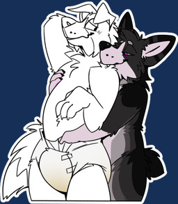 anthro bite bodily_fluids diaper embarrassed genital_fluids hand_in_diaper hand_on_chest handjob hug male male/male penile rubbing sex unclean_diaper urine used_diaper wet_diaper sugarbiscuits pyre_corgi canid canine canis domestic_dog herding_dog mammal pastoral_dog welsh_corgi alpha_channel