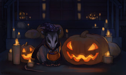 candle candlelight clothed clothed_feral clothing feral food fruit hat headgear headwear holidays light long_tail plant pumpkin solo tail wizard_hat alexpahomov halloween american_opossum mammal marsupial 2020