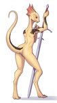 ambiguous_gender animal_genitalia anthro digitigrade frill_(anatomy) genital_slit genitals melee_weapon nude red_eyes solo sword tail weapon desert_avenger divinity_(series) lizard_(divinity) lizardman scalie absurd_res hi_res