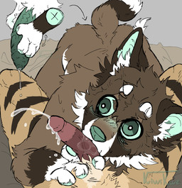 4_fingers anthro balls blush bodily_fluids circumcised circumcision_scar cum duo fellatio fingers first_person_view foreskin fur genital_fluids genital_scar genitals green_blush green_body green_eyes green_nose green_pawpads green_penis green_skin humanoid_genitalia humanoid_penis lazy_eye looking_at_viewer male male/male male_pov markings multicolored_body multicolored_fur oral pawpads penile penis precum saliva saliva_on_penis scar sex striped_markings stripes sucking_shaft unretracted_foreskin kiwikwe khamidi_(khamidi) kiwi_(kiwikwe) canid canine canis caracal caracal_(genus) felid feline felis hybrid mammal sand_cat wolf hi_res