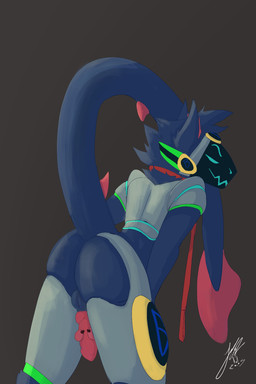 animal_genitalia animal_penis anthro armor backsack balls blue_body blue_fur butt canine_genitalia canine_penis collar fur genitals knot leash leashed_collar looking_back machine male neck_tuft nude penis penis_grab presenting presenting_hindquarters raised_tail red_body red_fur seductive solo tail tuft visor connerarts fox_becket canid canine mammal protogen hi_res