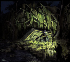 bog bone_mask flashlight mask night overgrown shack swamp dirtypaperjoe amphibian axolotl marine mole_salamander salamander 2025 absurd_res digital_media_(artwork) digital_painting_(artwork) hi_res painting_(artwork)