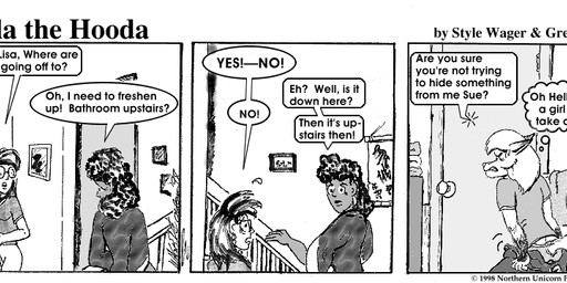 anthro bathroom breasts clothed clothed_female clothing container cup dialogue dipstick_ears dipstick_tail door ear_markings ears_back eyewear female fur glasses group hair inside markings multicolored_ears panties pivoted_ears tail tail_markings text toilet trio underwear undressing style_wager dela_the_hooda dela_aldershaw lisa_(dela_the_hooda) sue_chan_(dela_the_hooda) canid canine fox hooda human mammal 1998 comic english_text greyscale monochrome