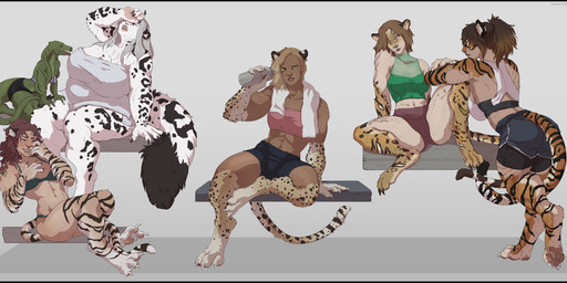 abs anthro black_bars bra breasts claws clothing female green_eyes group humanoid_face overweight tail towel underwear conditional_dnp oouna pinwheel_(snekguy) borealan valbaran absurd_res hi_res letterbox official_art