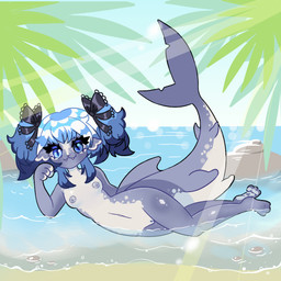 3_fingers 3_toes adolescent anthro areola beach big_tail blue_eyes blue_hair blue_sky bow_only bow_ribbon breasts clothing day detailed_background eyelashes feet female fin fingers foot_markings genitals grey_areola grey_body grey_nipples hair headgear headgear_only headwear headwear_only heart_eyes heart_symbol heterochromia leg_markings light light_beam loli lying markings mostly_nude multicolored_hair navel nipples non-mammal_breasts non-mammal_navel non-mammal_nipples nude nude_anthro nude_female on_side outside palm_tree partially_submerged plant pose posing_nude ribbons rock sky small_breasts soles solo star star_(marking) sunbeam sunlight tail tail_fin toes tree vulva water wave white_body white_breasts white_hair wide_hips young young_anthro young_female owlisa julia_(alligatorcee4) fish marine reef_shark shark 1:1 2025 digital_drawing_(artwork) digital_media_(artwork) hi_res