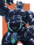 abs anthro armor balls bodily_fluids bodysuit claws clothing genital_fluids genitals green_eyes male muscular muscular_anthro muscular_male pecs penis precum red_sclera skinsuit solo supervillain tight_clothing vein veiny_penis 0void_ow lifewonders live_a_hero monomasa canid canine canis domestic_dog husky mammal nordic_sled_dog spitz hi_res