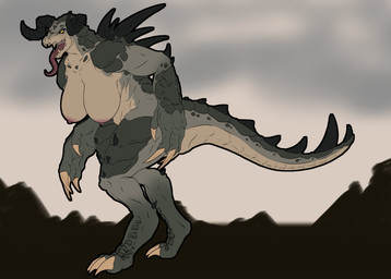 anthro big_breasts breasts claws digitigrade fangs female horn huge_breasts mature_female muscular muscular_female nipples nude open_mouth open_smile scales smile solo spikes tail teeth thick_tail thick_thighs tongue tongue_out tolerain fallout microsoft deathclaw reptile scalie 2021 absurd_res digital_media_(artwork) hi_res